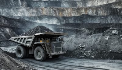 an openpit coal mine with a mining truck in front of it, in the style of creative commons attribution, konica auto s3, black and gray, associated press photo, non-representational, nonrepresentational --ar 10:13 --v 6 Job ID: 218f9ded-7660-4f8d-8b2c-4ea5512fc19e